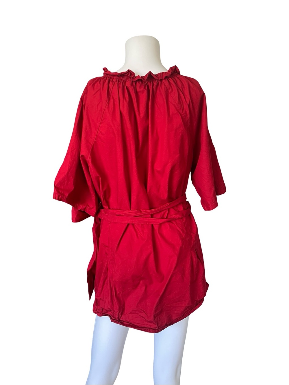 Eshakti Red Wrap Blouse Cotton Ruffle Short Sleeve Polished Old Money Feminine - Picture 2 of 9